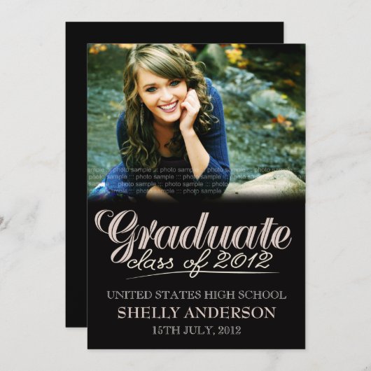 2012年のモダンで黒い招待の大学院のクラス 招待状 (正面/裏面)