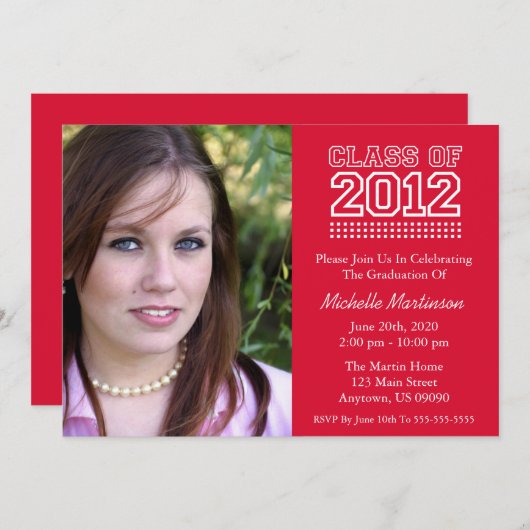 2012年の卒業の学校代表のクラス(赤い) 招待状 (正面/裏面)