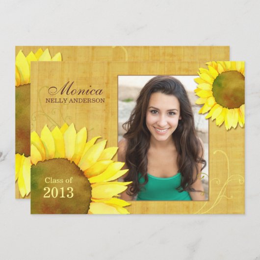2013カードのヒマワリの女の子の写真の卒業のクラス 招待状 (正面/裏面)