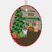 2013年のシェットランド・シープドッグのPuppysの初めてのクリスマス セラミックオーナメント (右)