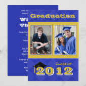 2013年の青アーガイル柄の色の金ゴールド卒業記録 招待状 (正面/裏面)