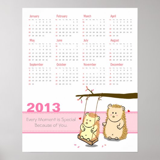 2013年カレンダー:木の揺れ時にかわいいハリネズミのカップル ポスター (正面)