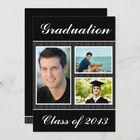 2013黒くストライプのな卒業3の写真のクラス 招待状 (正面/裏面)