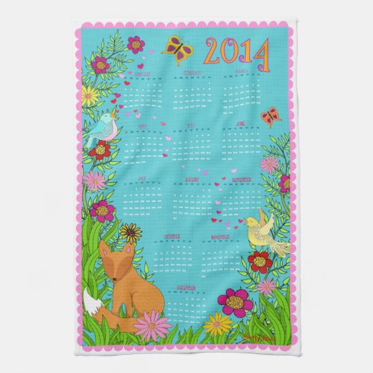2014のカレンダーのふきん-庭のキツネ キッチンタオル (縦)