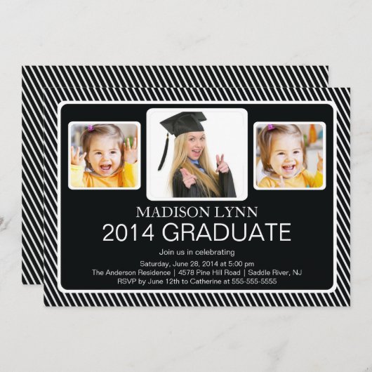 2014のモダンなクラス3つの写真の卒業パーティー 招待状 (正面/裏面)