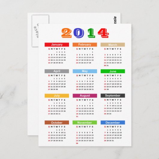 2014カレンダー – 標準複数色テーマ ポストカード (正面/裏面)