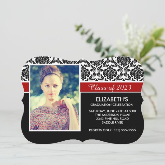 2014フォーマル白黒ダマスク写真卒業 招待状 (スタンド正面)