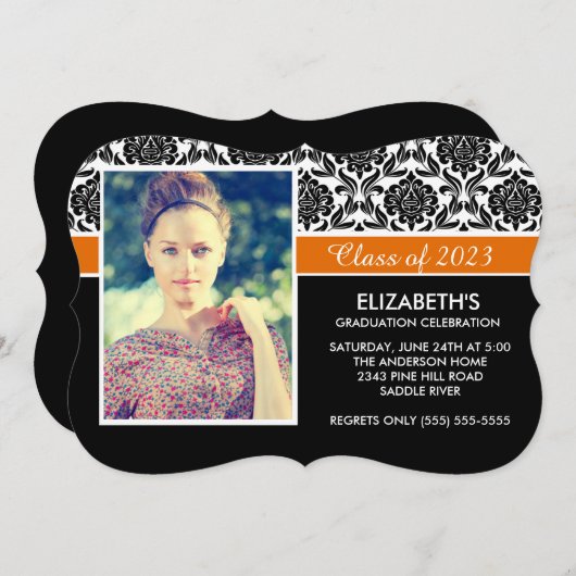 2014フォーマル白黒ダマスク写真卒業 招待状 (正面/裏面)