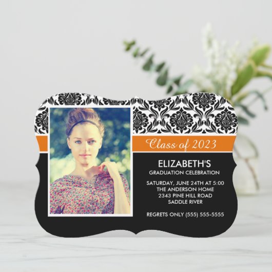 2014フォーマル白黒ダマスク写真卒業 招待状 (スタンド正面)