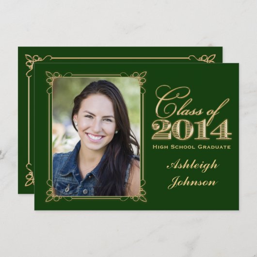 2014年の金ゴールドクラスのグリーン写真卒業招待状 招待状 (正面/裏面)