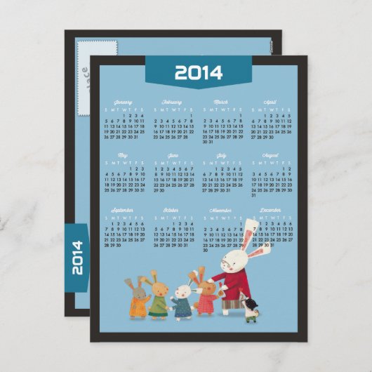 2014年カレンダー - 幸せな新年 ウサギ家族 シーズンポストカード (正面/裏面)