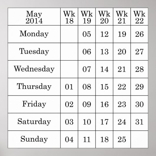 2014年5月カレンダー（週番号付き） ポスター (正面)