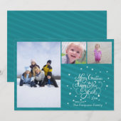 2014 3写真クリスマスホリデーカードブルーストライプ シーズンカード (正面/裏面)