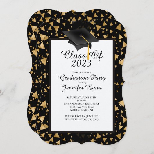 2015モダン金ゴールドブラック卒業パーティー招待状 招待状 (正面/裏面)