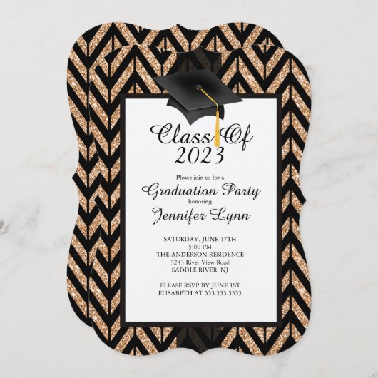 2015モダン金ゴールドブラック卒業パーティー招待状 招待状 (正面/裏面)