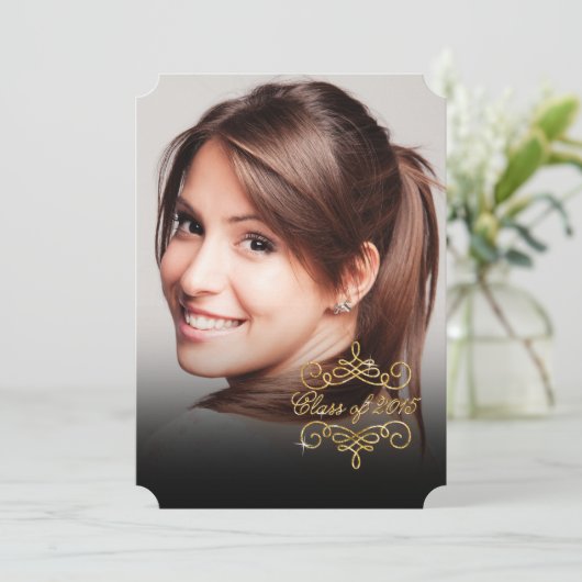 2015年のエレガントでフェイクなグリッターの渦巻の卒業の写真 招待状 (スタンド正面)