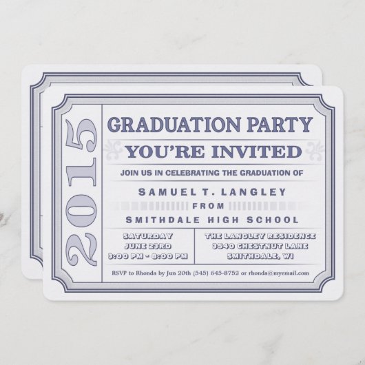 2015年スチールブルー卒業パーティーチケット招待状 招待状 (正面/裏面)