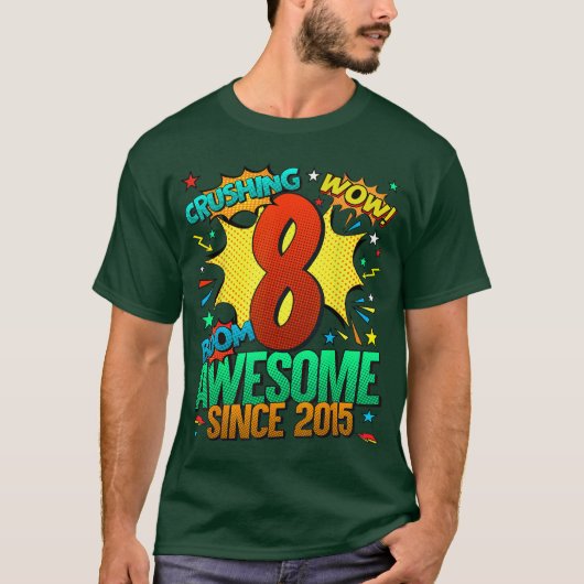2015年生まれ8歳誕生日おめでとう コミック風デザイン Tシャツ (正面)