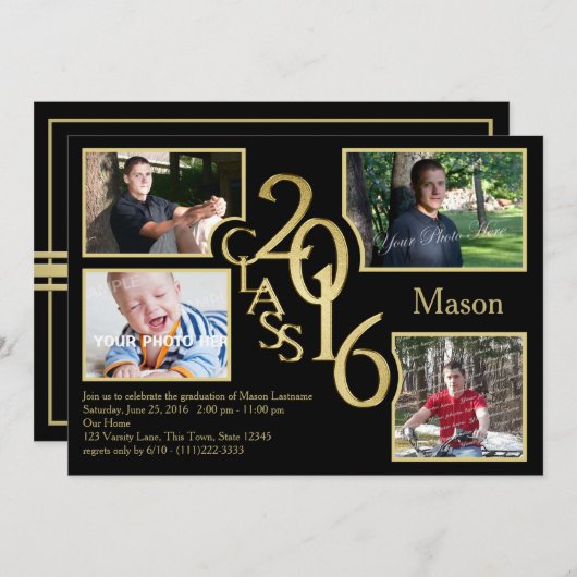 2016クアッドフォトブラックの卒業クラス 招待状 (正面/裏面)
