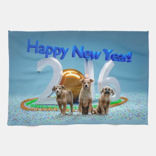 2016年おめでとう可愛い3匹の犬 キッチンタオル (横)