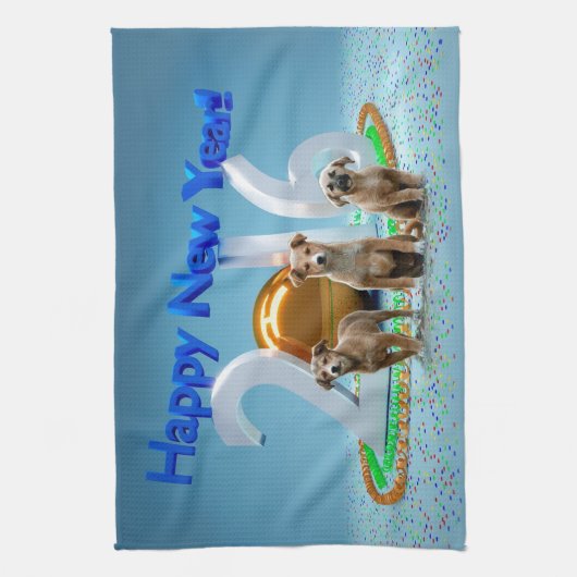 2016年おめでとう可愛い3匹の犬 キッチンタオル (縦)