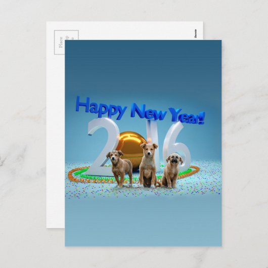 2016年おめでとう可愛い3匹の犬 シーズンポストカード (正面/裏面)