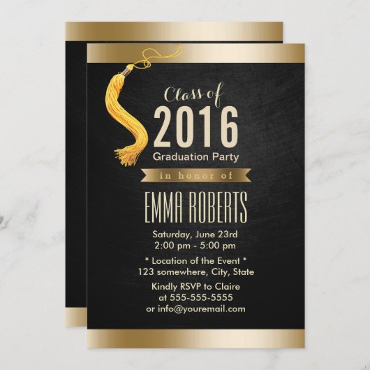 2016年クラスのクラシーブラック&金ゴールド卒業パーティー 招待状 (正面/裏面)