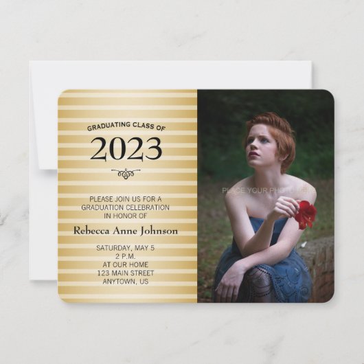 2016年度卒業生 ゴールドストライプ フォト 卒業式 招待状 (正面)