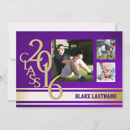 2016年 ゴールド パープル ヴァーシティ ストライプ 卒業 トリプル フォト 招待状 (正面)