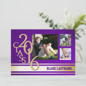 2016年 ゴールド パープル ヴァーシティ ストライプ 卒業 トリプル フォト 招待状 (スタンド正面)