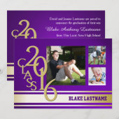 2016年 ゴールド パープル ヴァーシティ ストライプ 卒業 トリプル フォト 招待状 (正面/裏面)