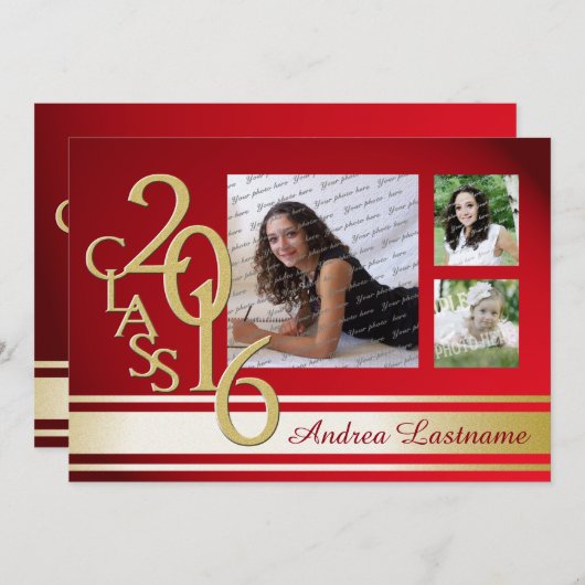 2016赤金ゴールド大学ストライプ大学院Tri Photo 招待状 (正面/裏面)