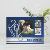 2016 シルバー ヴァーシティ ストライプ 卒業 トリプル フォト ブルー 招待状 (スタンド正面)