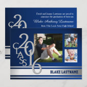 2016 シルバー ヴァーシティ ストライプ 卒業 トリプル フォト ブルー 招待状 (正面/裏面)