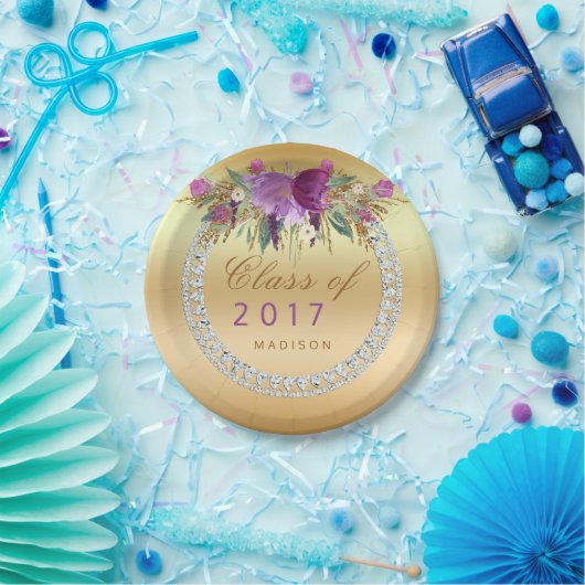 2017個の花のダイヤモンドの金ゴールドの卒業のクラス ペーパープレート (パーティー)