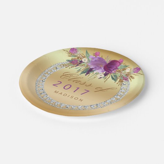 2017個の花のダイヤモンドの金ゴールドの卒業のクラス ペーパープレート (アングル)
