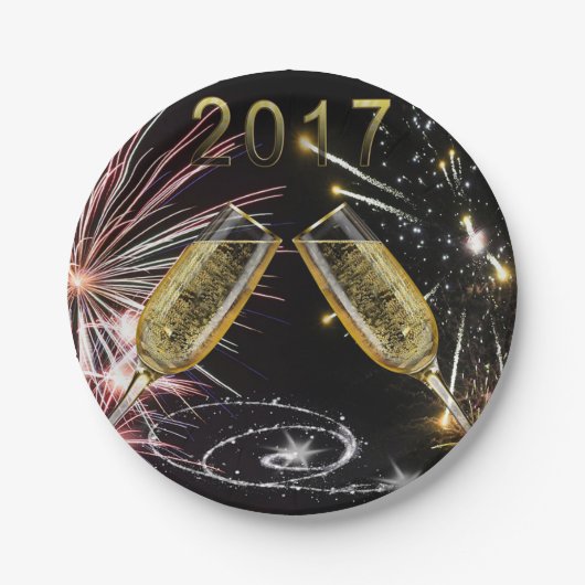 2017年のシャンペンのガラスおよび花火 ペーパープレート (正面)
