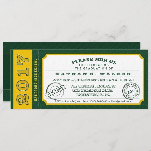 2017年グリーン&金ゴールドチケット卒業パーティー招待状 招待状 (正面/裏面)