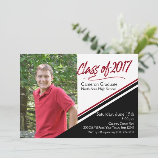 2017年ハンドスクリプトブラックとレッドフォトのクラス 招待状 (スタンド正面)