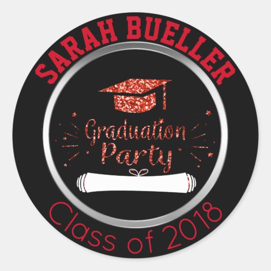2018の赤いグリッターの卒業パーティーのシールのクラス ラウンドシール (正面)