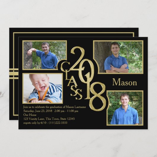 2018クアッドフォトブラックの卒業クラス 招待状 (正面/裏面)