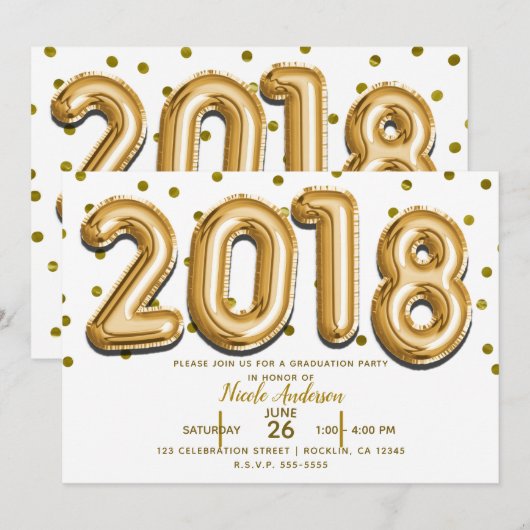 2018卒業パーティー金ゴールド紙吹雪バルーン 招待状 (正面/裏面)