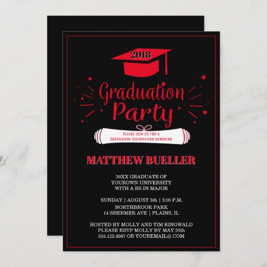 2018年のクラスGrad Cap Red Black卒業パーティー 招待状 (正面/裏面)