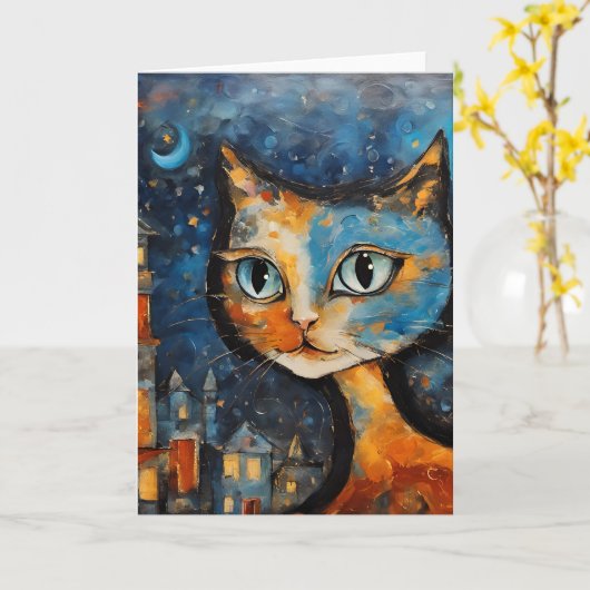 2018年の夜の猫 カード (黄色い花)