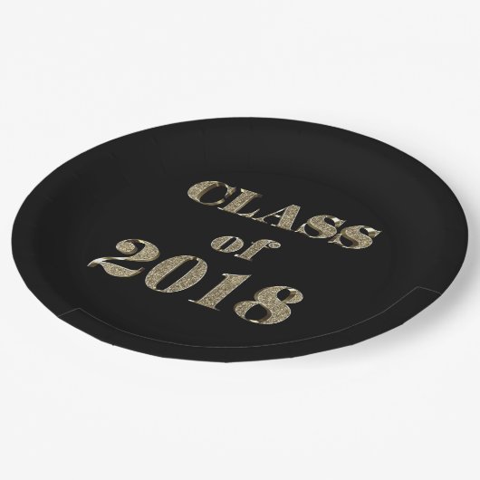 2018年クラスのブラックおよび金ゴールドグリッタータイポグラフィ ペーパープレート (アングル)