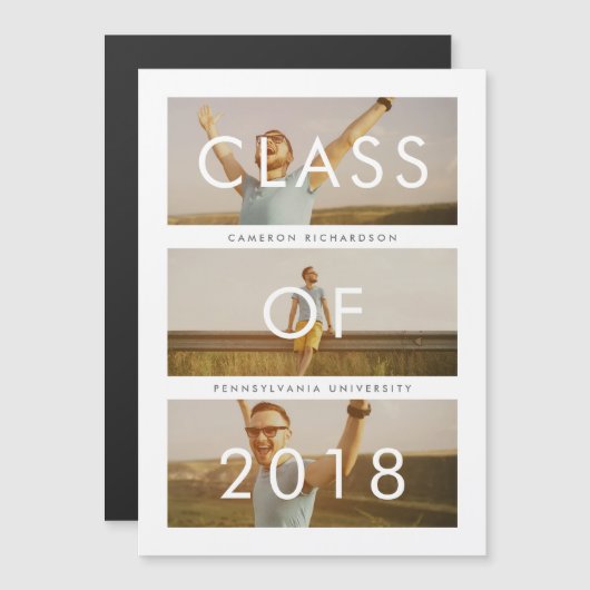 2018年クラス| 3フォト卒業発表 マグネット招待状 (正面/裏面)