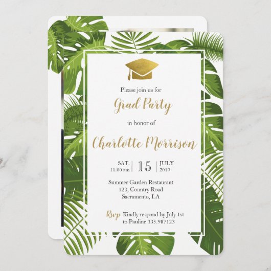 2018年熱帯緑の金ゴールド写真カード 招待状 (正面/裏面)