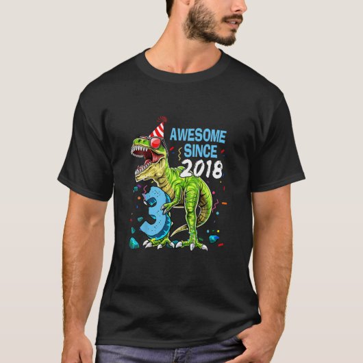 2018素晴らし年3回目の誕生日Tレックス恐竜の少年 Tシャツ (正面)