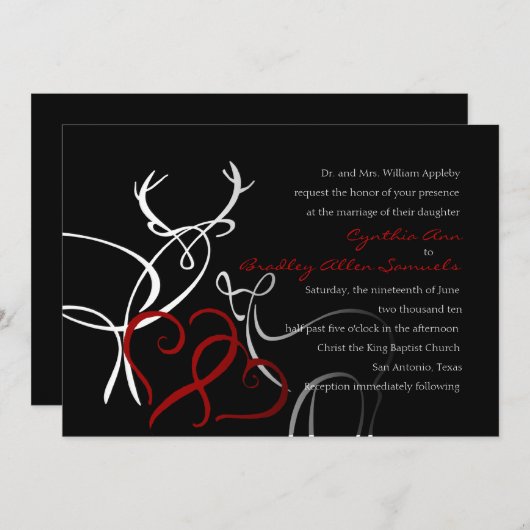 2018結婚年12月11日に誕生した黒赤のバックと雌雄の恋 招待状 (正面/裏面)