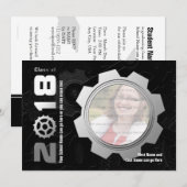 2018 ブラックとシルバーのギア 卒業パーティー招待状 招待状 (正面/裏面)